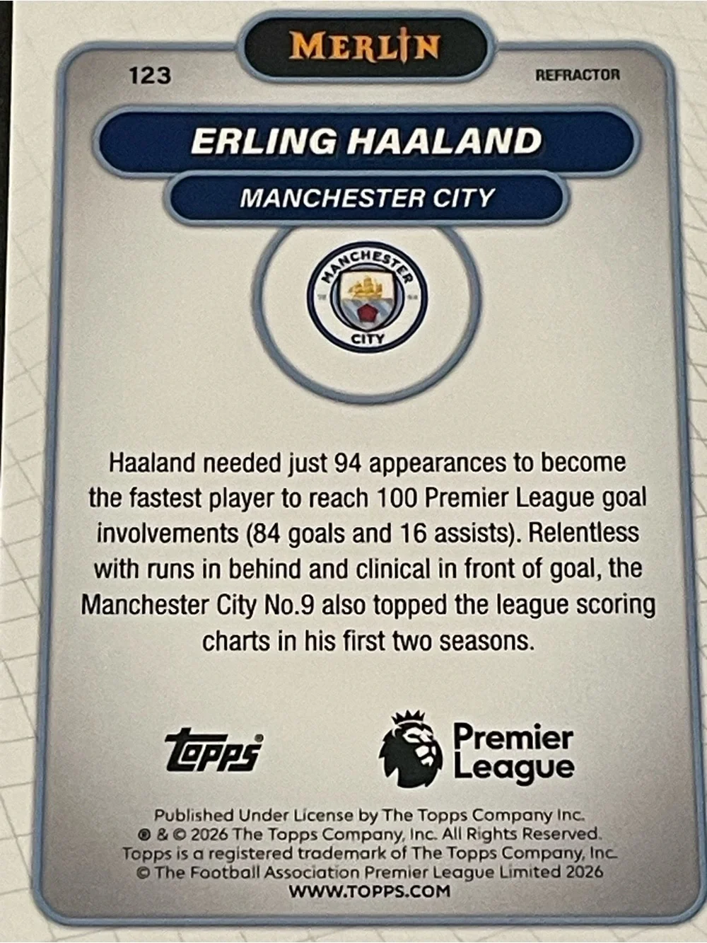 2026 Topps Merlin Erling Haaland Manchester City Refractor #123 Card - Picture 5 of 5